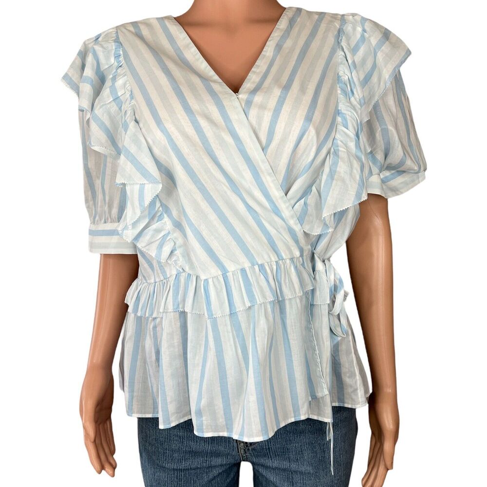 J.Crew Shirt Womens  2X Multicolor Stripe Crossover Tie Ruffle Short Sleeve